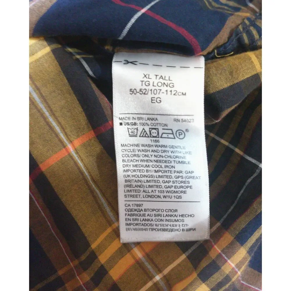 Banana Republic XL Tall Slim Fit Plaid Shirt Navy Gold Untucked Cotton Men's